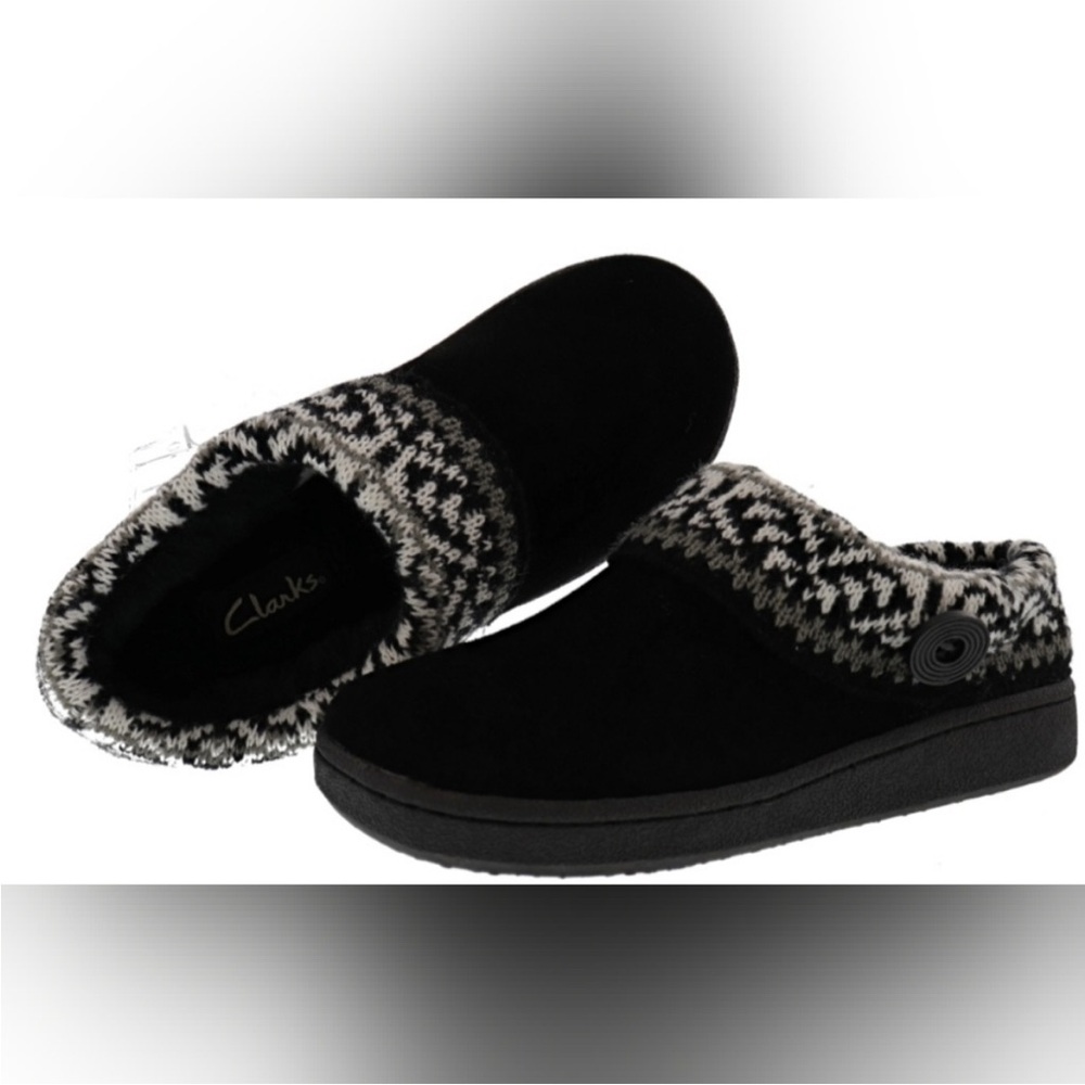 Clarks leather indoor outdoor Women's Black Slippers fleece lined - Picture 3 of 16